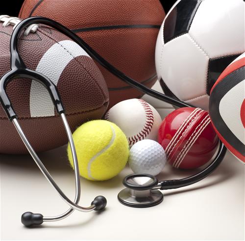 Picture of a football, baseball, basketball, soccerball, tennis ball, and stethoscope.