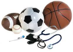 Picture of a football, soccer ball, baseball, basketball, thermometerm, blood pressure monitor, and stethoscope.