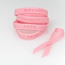 Picture o four Breast Cancer Awareness Bracelets that say: Survivor, Strength, Hope, Faith
