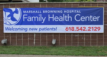 Marshall Browning Family Health CenterPicture of a Banner hanging outside The Hospital that says:
MARSHALL BROWNING HOSPITAL
FAMILY HEALTH CENTER
Welcoming new patients! 618.542.2129